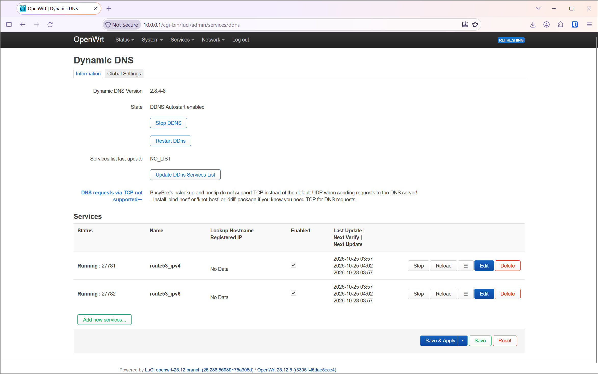 LuCI Dynamic DNS page